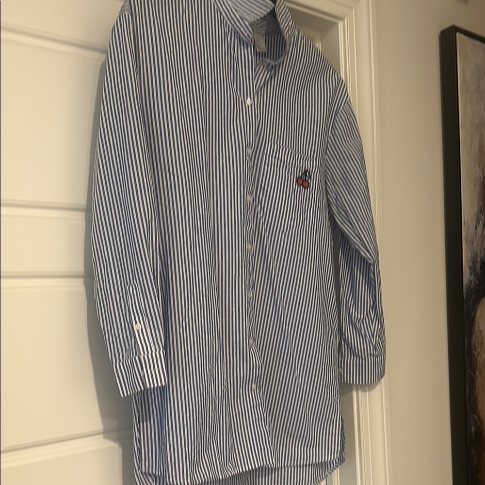 Blue Striped oversized Button Down Shirt with Embroidered Cherry